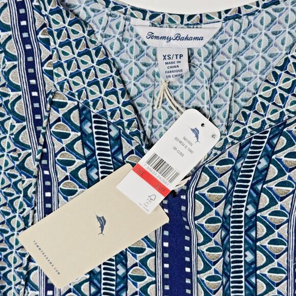 NWT Tommy Bahama Oversize Rayon Blue Green Geometric Tassel Blouse Women Size XS - Picture 8 of 13